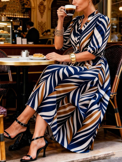 Effortless Chevron Print Maxi Dress for Women with V Neck Elbow Sleeve Wrap Tie Waist Flowing Style