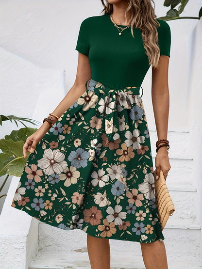 Effortless Floral Midi Dress for Women with Round Neck Short Sleeve Tie Waist A Line Style
