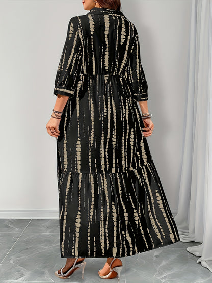 Elegant Black Tie Dye Maxi Shirt Dress for Women with Collar Elbow Sleeve Tiered Button Front Flowing Style