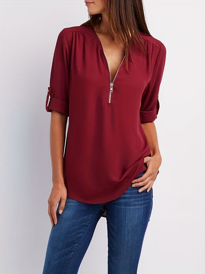 Effortless Chiffon Blouse for Women with Zip V Neck Roll Tab Sleeve Relaxed Casual Style