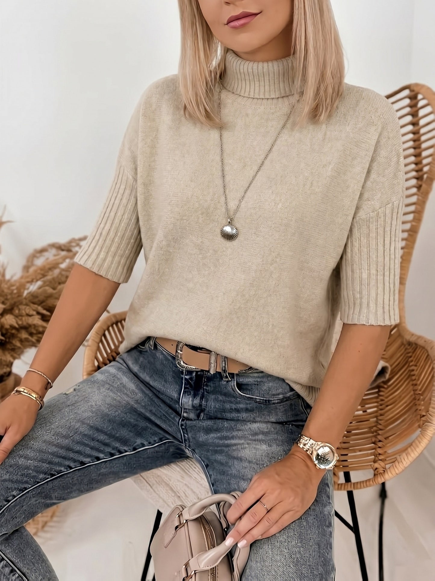 Comfortable Ribbed Sweater for Women with Turtleneck Short Sleeve Relaxed Oversized Knit Style