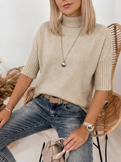 Comfortable Ribbed Sweater for Women with Turtleneck Short Sleeve Relaxed Oversized Knit Style