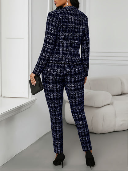 Elegant Plaid Tweed Two Piece Set for Women with Open Front Long Sleeve Blazer Tapered Pant Style