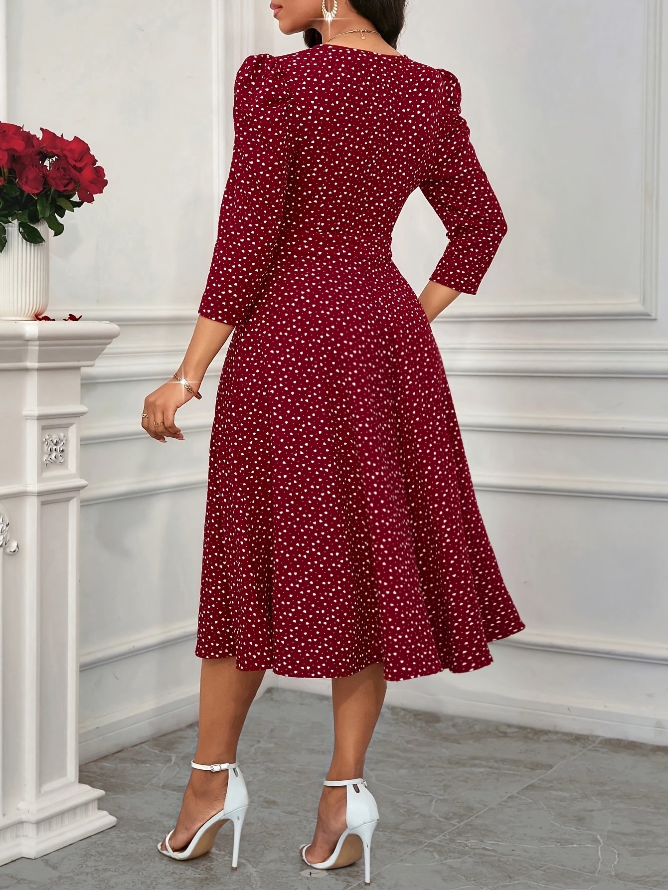 Elegant Polka Dot Midi Dress for Women with V Neck Puff Sleeve Fit and Flare Cocktail Style