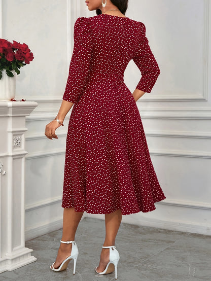 Elegant Polka Dot Midi Dress for Women with V Neck Puff Sleeve Fit and Flare Cocktail Style