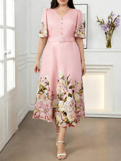 Effortless Floral Midi Dress for Women with V Neck Flutter Sleeve Belted A Line Style