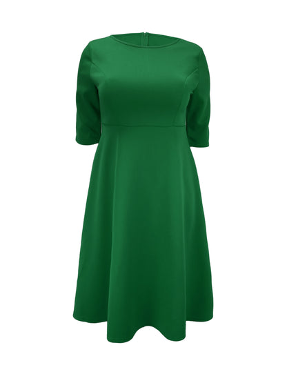 Elegant A Line Midi Dress for Women with Round Neck Elbow Sleeve Fit and Flare Style