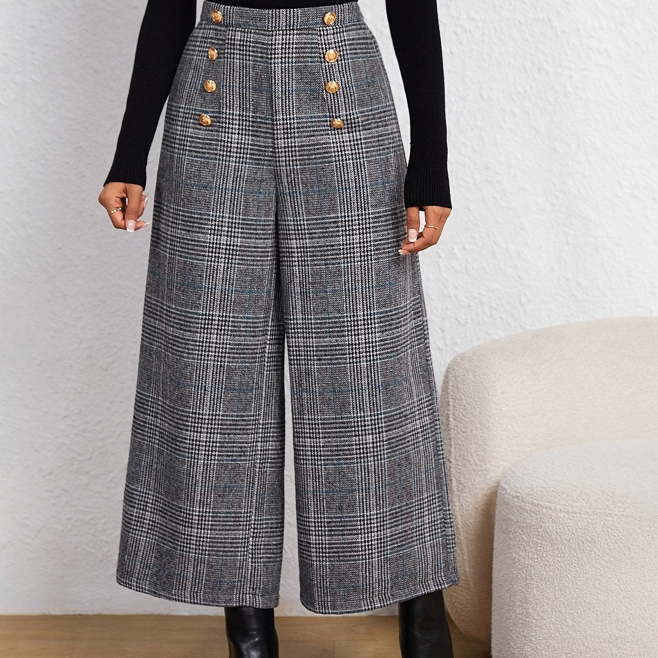 Elegant Grey Houndstooth Wide Leg Pant for Women with High Waist Button Front Cropped Tailored Style