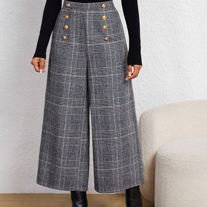 Elegant Grey Houndstooth Wide Leg Pant for Women with High Waist Button Front Cropped Tailored Style