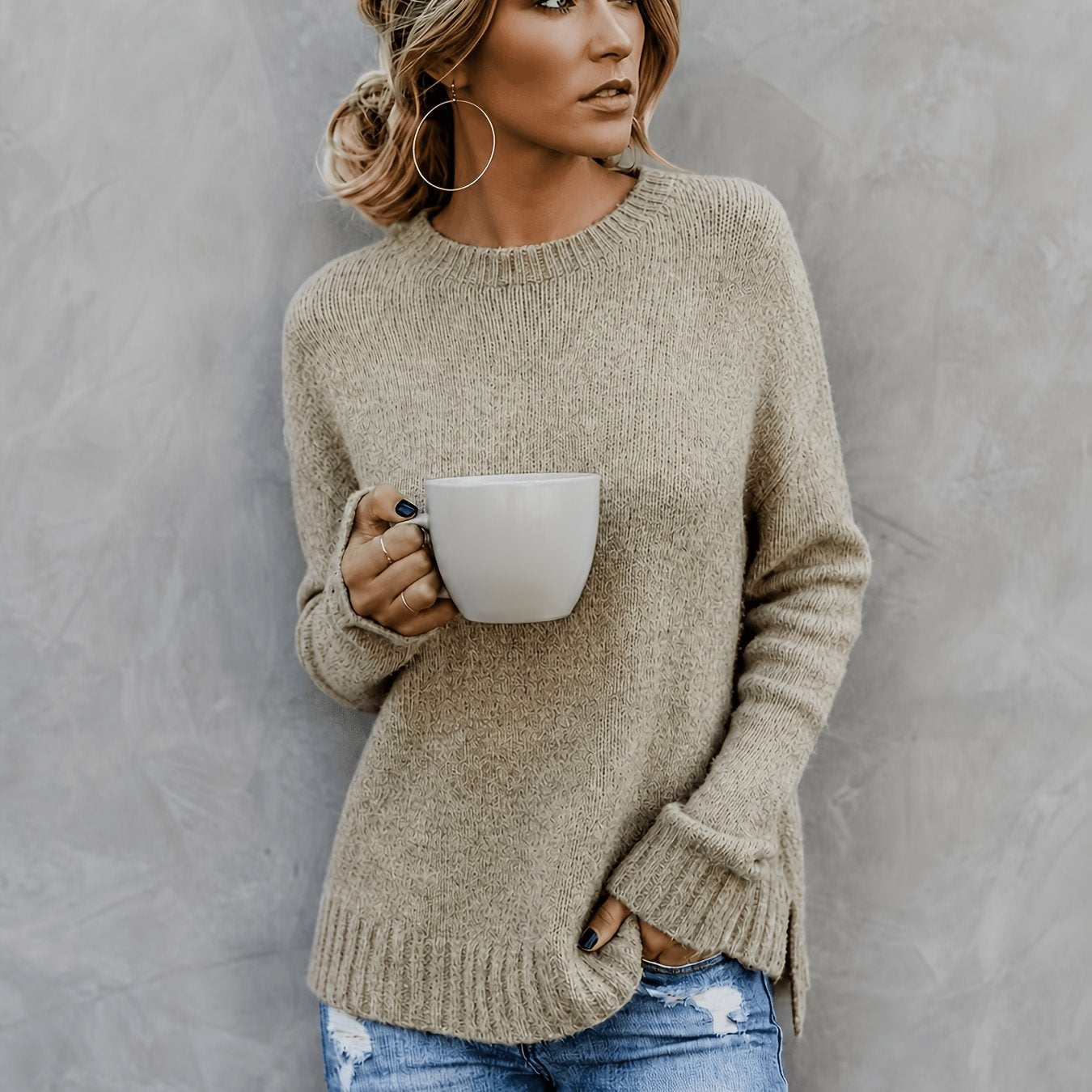 Comfortable Heathered Knit Sweater for Women with Crew Neck Bell Sleeve Side Slit Relaxed Oversized Style