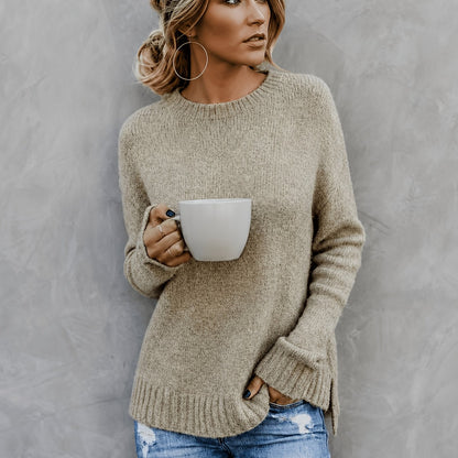 Comfortable Heathered Knit Sweater for Women with Crew Neck Bell Sleeve Side Slit Relaxed Oversized Style