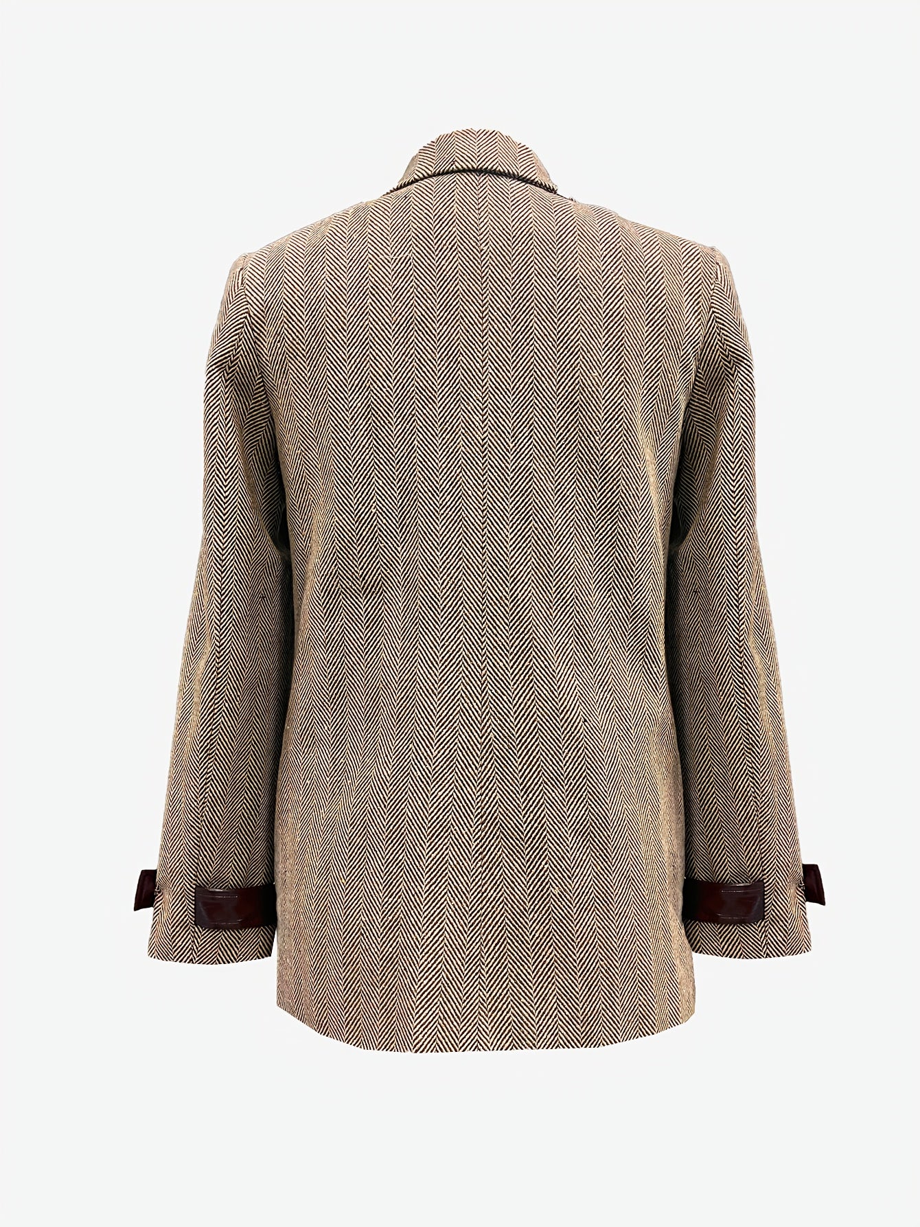 Elegant Khaki Herringbone Tweed Blazer for Women with Notch Lapel Long Sleeve Leather Trim Tailored Style