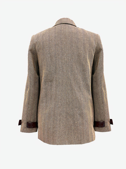 Elegant Khaki Herringbone Tweed Blazer for Women with Notch Lapel Long Sleeve Leather Trim Tailored Style