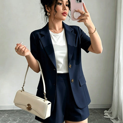 Elegant Tailored Blazer Two Piece Set for Women with Notch Lapel Short Sleeve Button Front Shorts Style