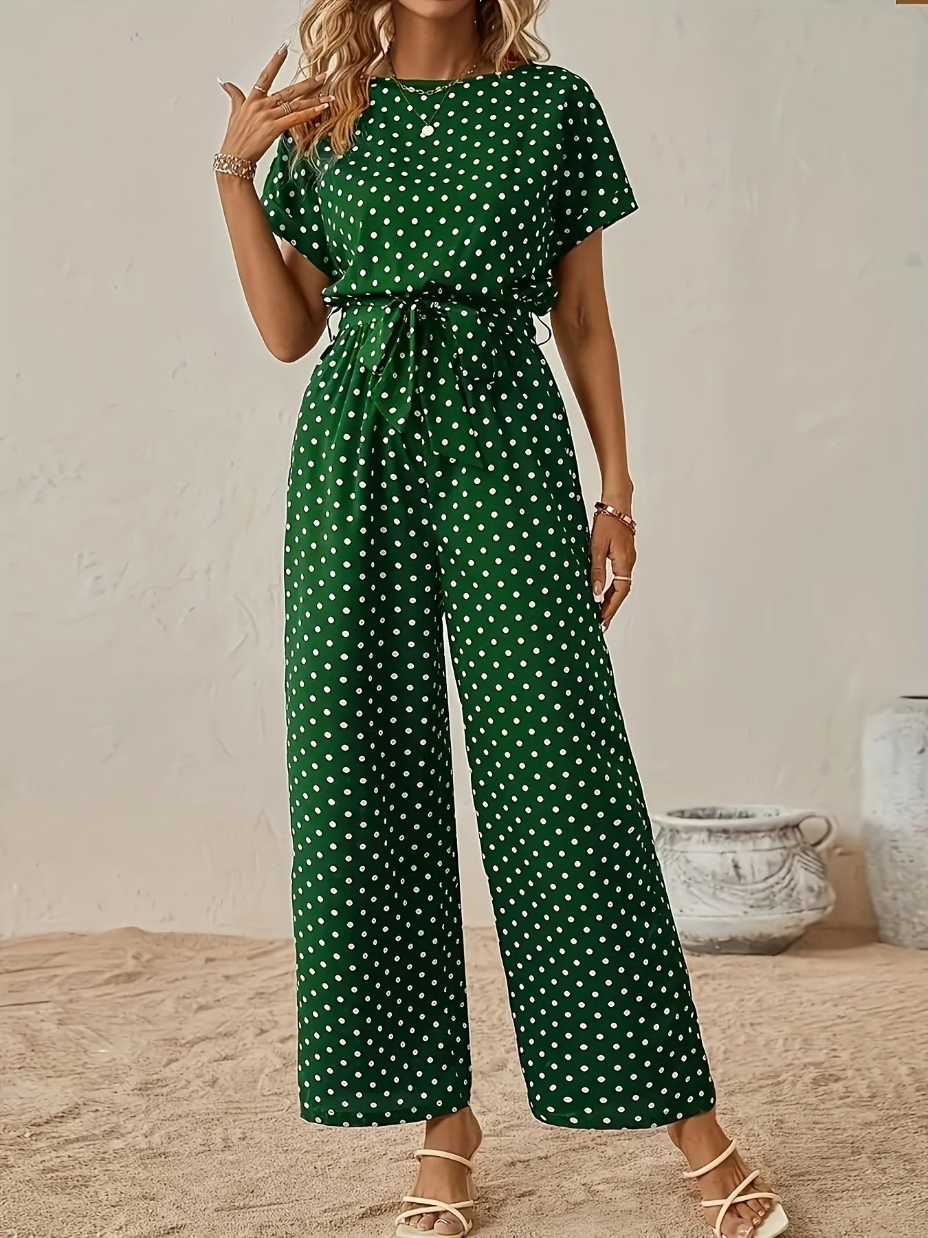 Effortless Polka Dot Jumpsuit for Women with Boat Neck Short Sleeve Belted Wide Leg Style