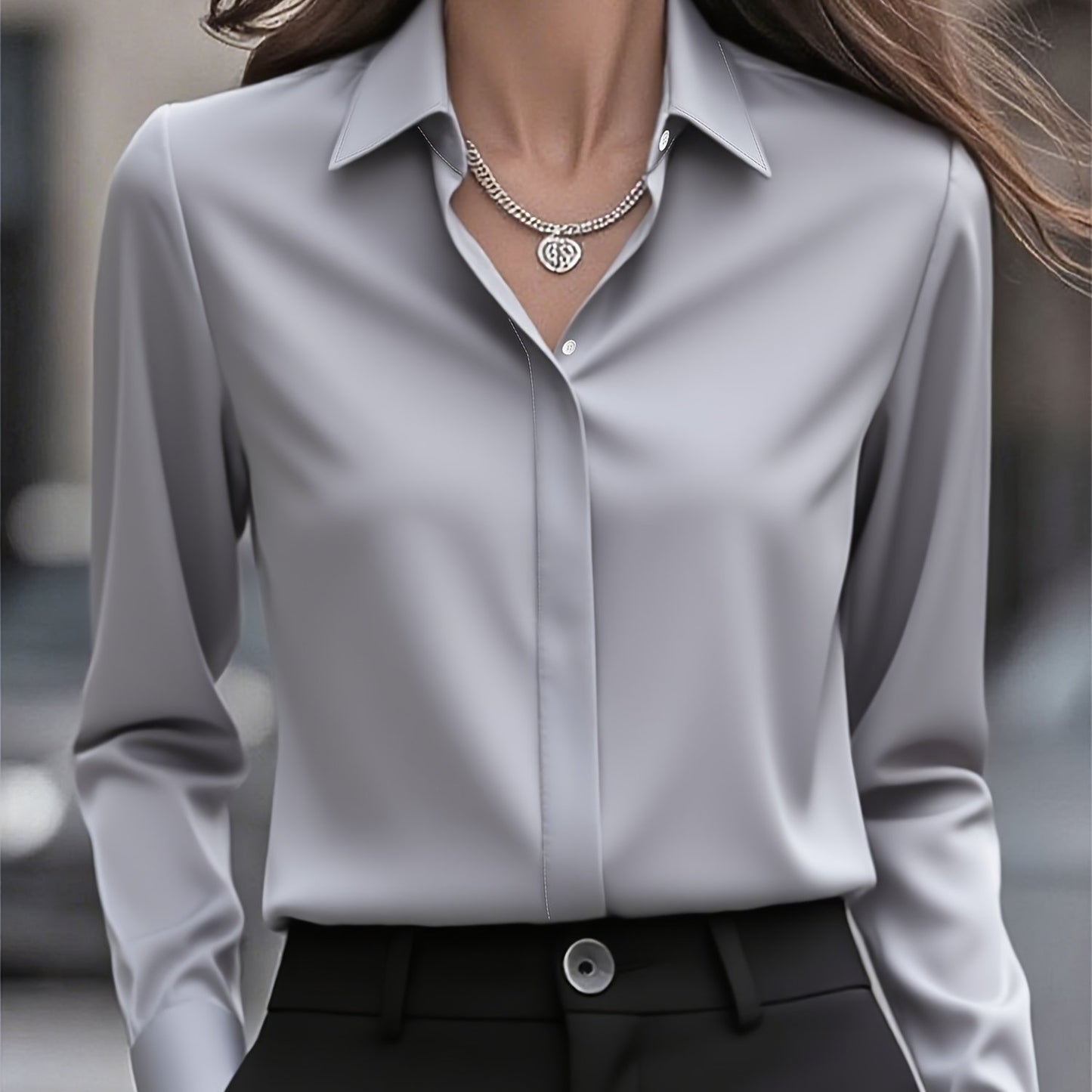 Elegant Satin Blouse for Women with Collar Long Sleeve Button Front Relaxed Silky Style