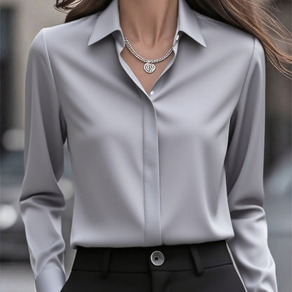 Elegant Satin Blouse for Women with Collar Long Sleeve Button Front Relaxed Silky Style