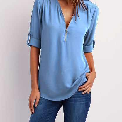 Effortless Chiffon Blouse for Women with Zip V Neck Roll Tab Sleeve Relaxed Casual Style