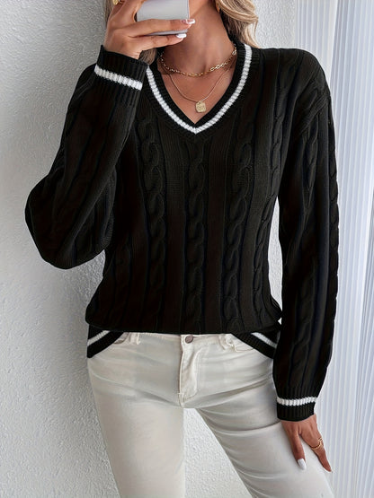 Comfortable Cable Knit Sweater for Women with V Neck Long Sleeve Contrast Stripe Relaxed Varsity Style