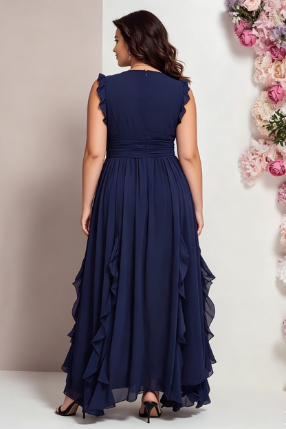 Elegant Navy Blue Chiffon Maxi Dress for Women with V Neck Ruffle Sleeve Ruched Waist Flowing Wedding Guest Style