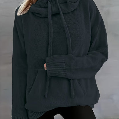 2025 New Autumn And Winter Women'S Casual Versatile Solid Color Drawstring Pocket Hooded Pullover
