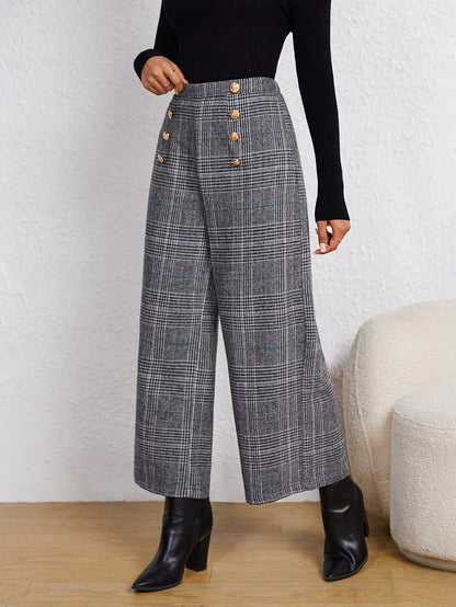 Elegant Grey Houndstooth Wide Leg Pant for Women with High Waist Button Front Cropped Tailored Style