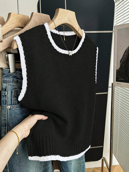 Comfortable Contrast Trim Sweater Vest for Women with Crew Neck Sleeveless Ribbed Knit Style