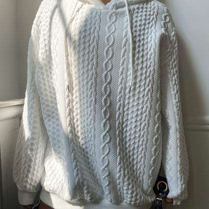 Plus Size Casual Hoodie, Women's Plus Solid Ribbed Long Sleeve Slight Stretch Hoodie Drawstring Sweatshirt