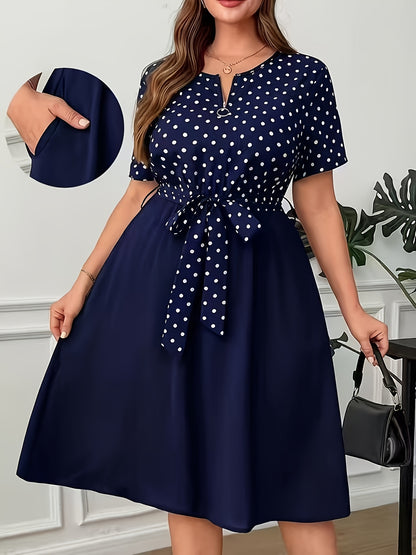 Elegant Polka Dot Midi Dress for Women with Notch Neck Short Sleeve Tie Waist Belted Style