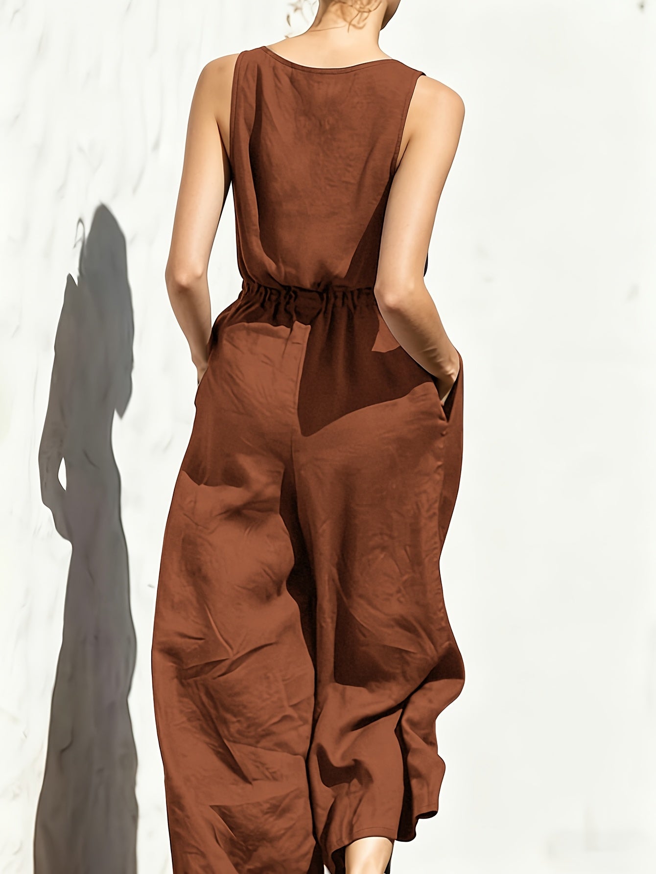 Effortless Navy Blue Linen Wide Leg Jumpsuit for Women with V Neck Sleeveless Button Front Relaxed Style