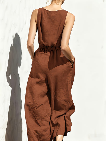 Effortless Navy Blue Linen Wide Leg Jumpsuit for Women with V Neck Sleeveless Button Front Relaxed Style