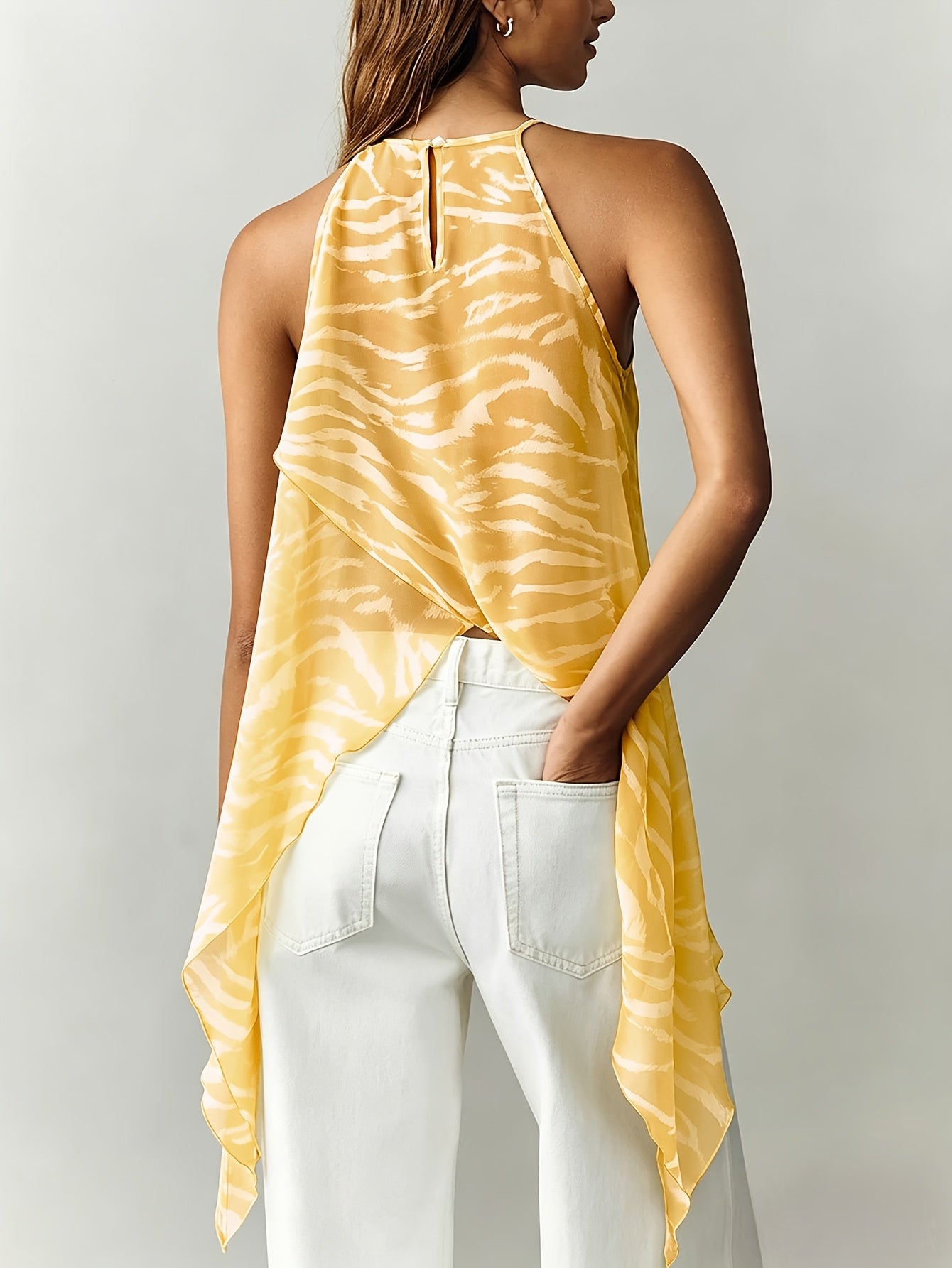 Elegant Brown Zebra Print Halter Top for Women with Sleeveless Asymmetrical Wrap Hem Flowing Style