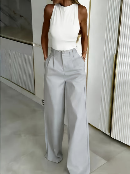 Elegant Wide Leg Pants for Women with High Waist Pleated Button Front Tailored Style