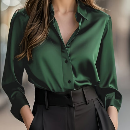 Elegant Satin Blouse for Women with Notched Collar Long Sleeve Button Front Silky Style