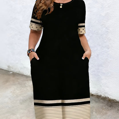 Elegant Black Plus Size Midi Dress for Women with Round Neck Short Sleeve Striped Polka Dot Hem Relaxed Style