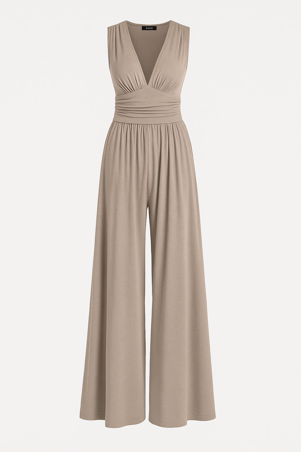 Effortless Wide Leg Jumpsuit for Women with V Neck Ruched Waist Sleeveless Flowing Style
