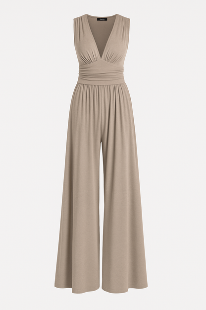 Effortless Wide Leg Jumpsuit for Women with V Neck Ruched Waist Sleeveless Flowing Style