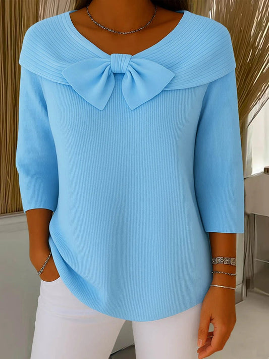 Comfortable Bow Knit Sweater for Women with V Neck Elbow Sleeve Foldover Collar Relaxed Style