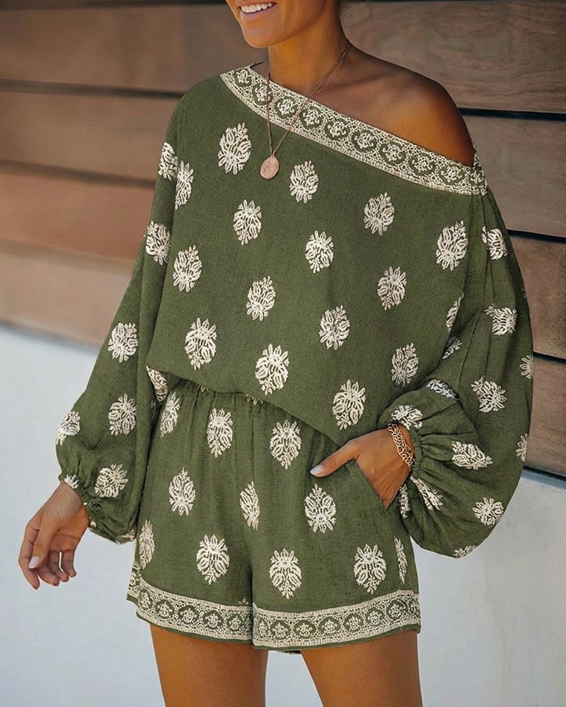 Indira | Women's Off-Shoulder Boho Print Two-Piece Set