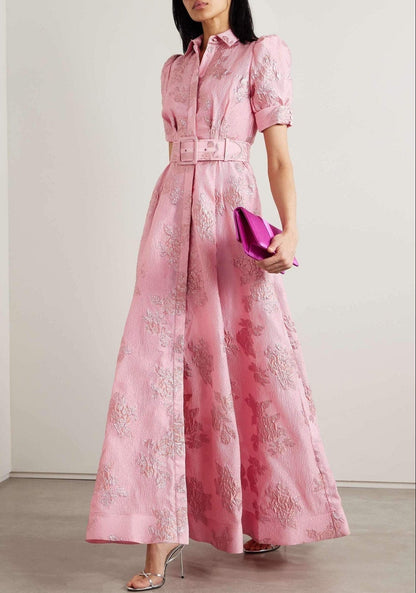 Elegant Pink Floral Jacquard Maxi Dress for Women with Collar Puff Sleeve Belted Formal Wedding Guest Style