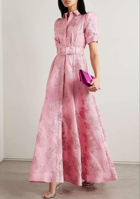 Elegant Pink Floral Jacquard Maxi Dress for Women with Collar Puff Sleeve Belted Formal Wedding Guest Style