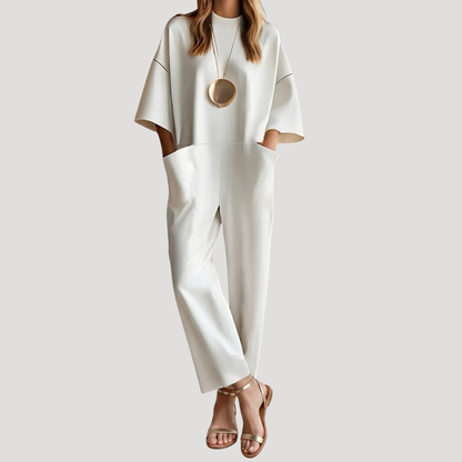 Effortless Jumpsuit for Women with Mock Neck Half Sleeve Wide Leg Pocket Casual Style