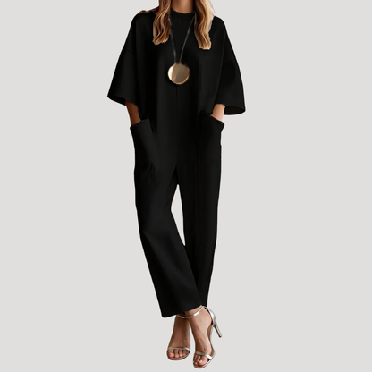 Effortless Jumpsuit for Women with Mock Neck Half Sleeve Wide Leg Pocket Casual Style