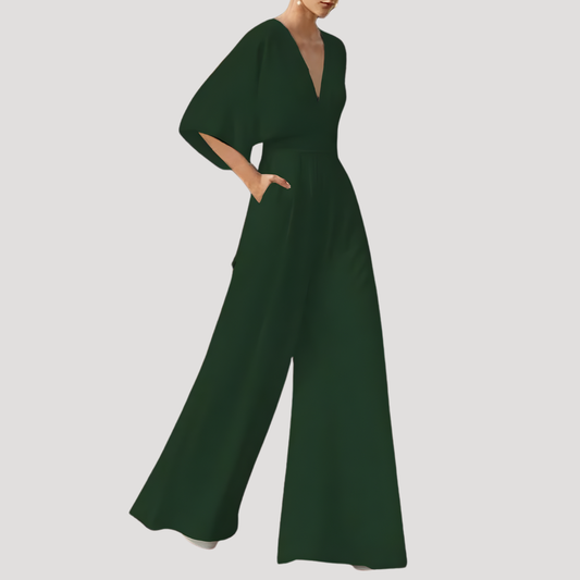 Elegant Wide Leg Jumpsuit for Women with V Neck Flutter Sleeve Fitted Waist Formal Style