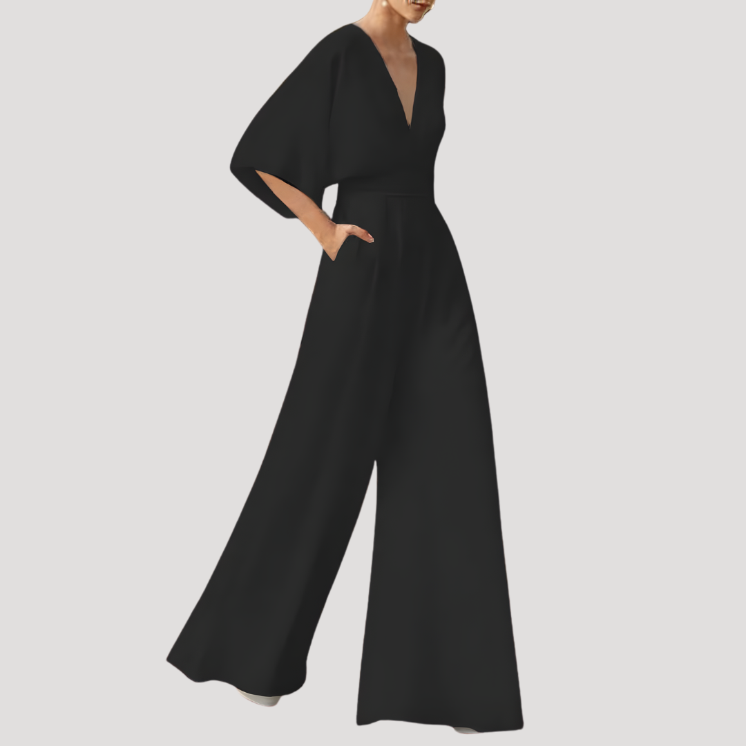 Elegant Wide Leg Jumpsuit for Women with V Neck Flutter Sleeve Fitted Waist Formal Style