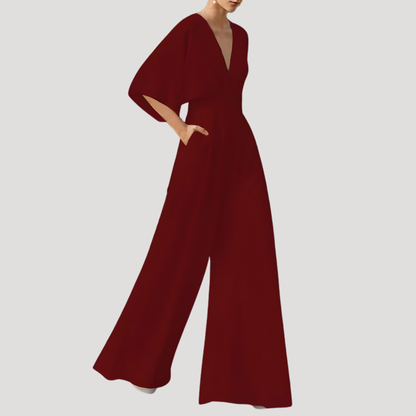 Elegant Wide Leg Jumpsuit for Women with V Neck Flutter Sleeve Fitted Waist Formal Style
