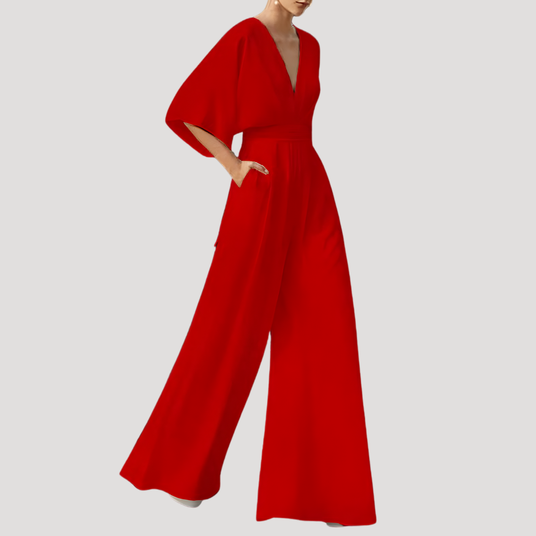 Elegant Wide Leg Jumpsuit for Women with V Neck Flutter Sleeve Fitted Waist Formal Style