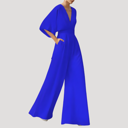 Elegant Wide Leg Jumpsuit for Women with V Neck Flutter Sleeve Fitted Waist Formal Style