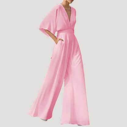 Elegant Wide Leg Jumpsuit for Women with V Neck Flutter Sleeve Fitted Waist Formal Style
