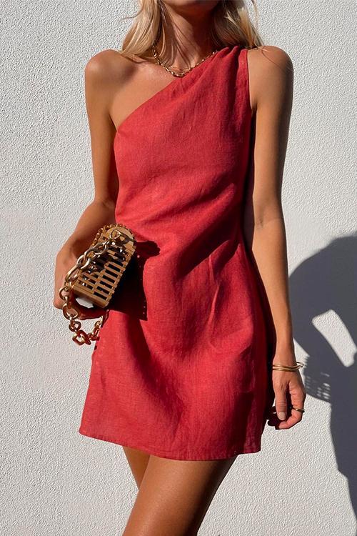 Elegant Mini Dress for Women with One Shoulder Draped Sleeveless Casual Style